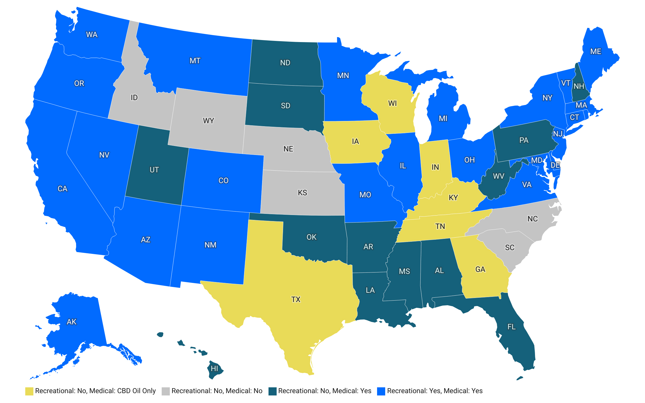 Map of Recreational Weed Legality by States
