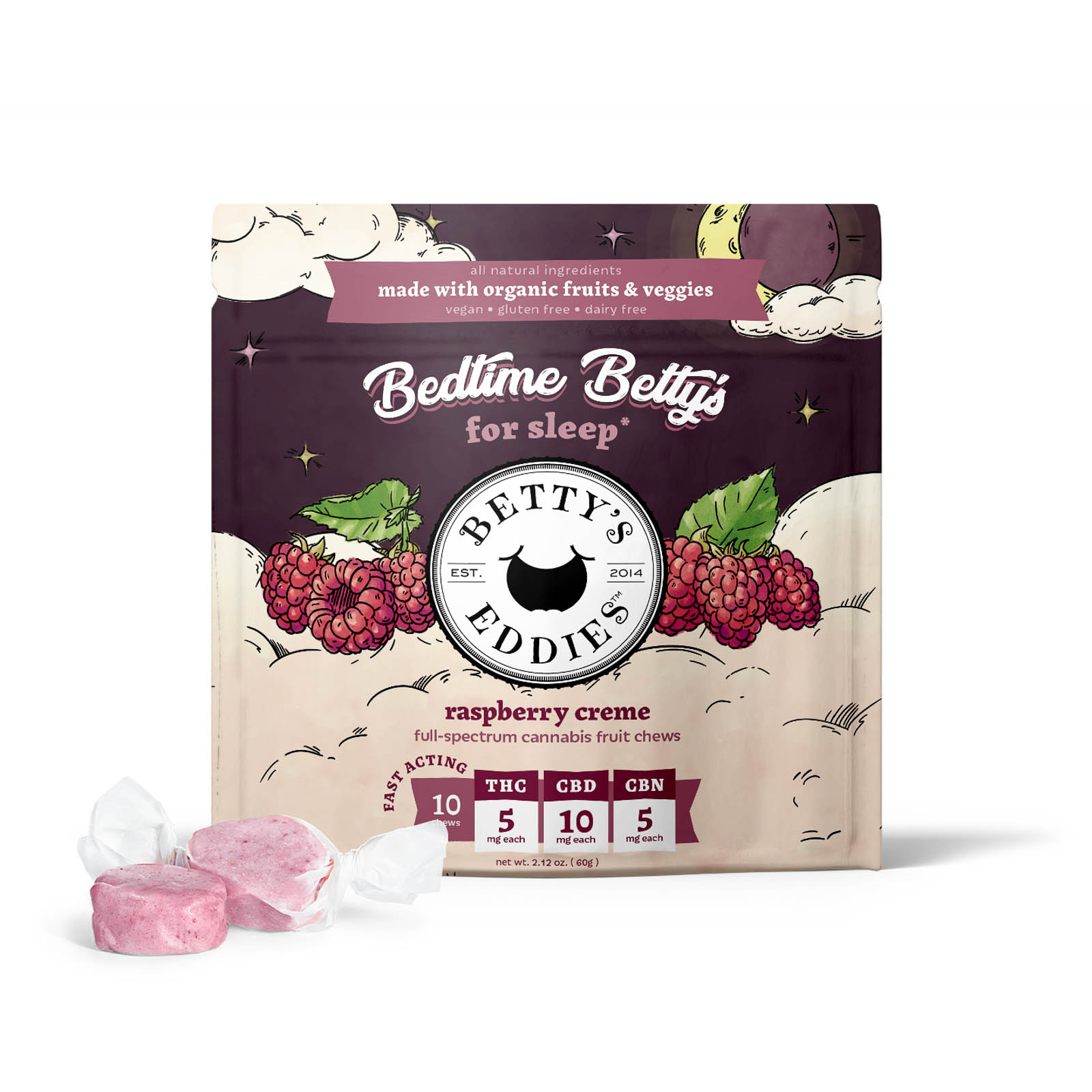 Betty’s Eddies – Bedtime Betty’s CBD THC CBN 2 1 1 Raspberry Creme Fruit Chews 10-Pack (100mg CBD, 50mg THC, 50mg CBN)