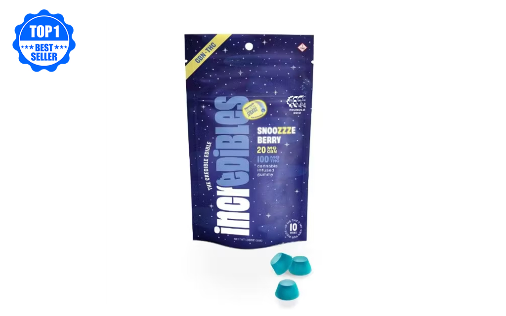 Illinois-Best-Selling-Edibles—Incredibles-Snoozzzierberry-Gummies-10-Pack-(50mg-CBG,-50mg-CBN,-100mg-THC)