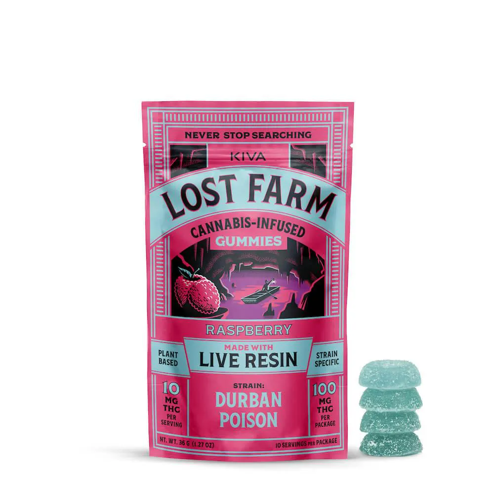 Lost Farm – Raspberry x Durban Poison Live Resin Gummies 10-Pack (100mg)