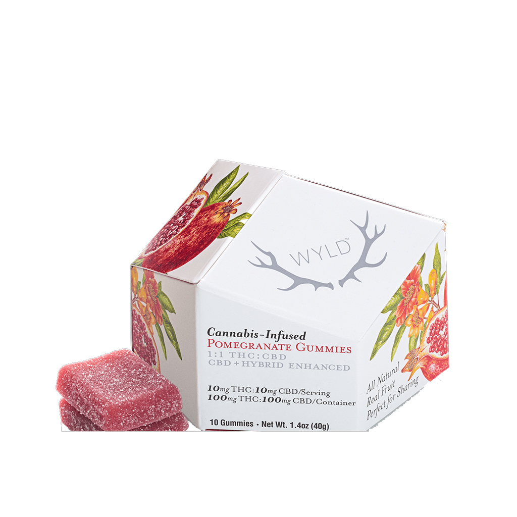 Wyld-CBD：THC-1：1-Hybrid-Pomegranate-Gummies-10-Pack-100mg-CBD-100mg-THC